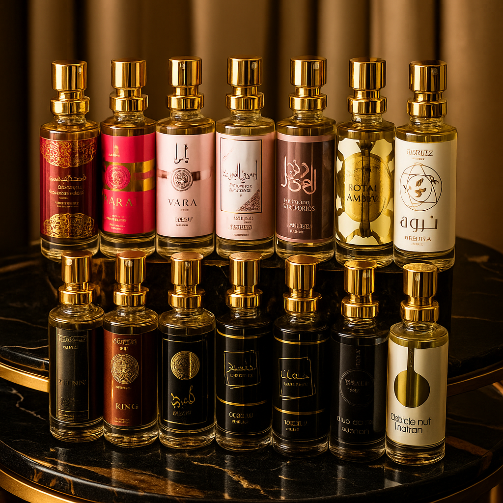 Estojo Demonstrativo – Contém 12 amostras árabes de 15 ml + bloco de fitas olfativas Com as fragrâncias mais vendidas, criadas para encantar clientes e acelerar suas vendas.