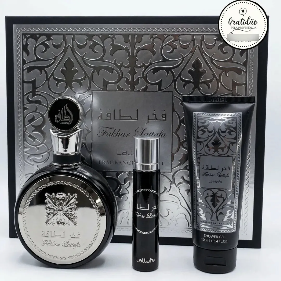 Kit Lattafa Fakhar Man Eau de Parfum 100 ml + Travel Spray 12 ml + Shower Gel 100 ml - Imagem 2